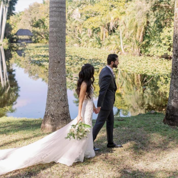 bride and groom outside